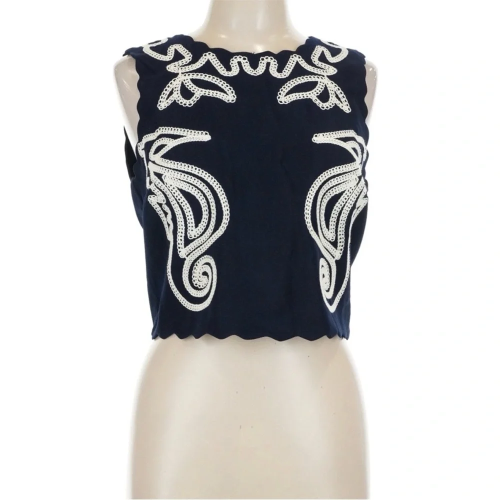 NWT Avec Les Filles Seahorse Embroidery Sleeveless Shell Navy & White Set M/6 - Picture 3 of 12